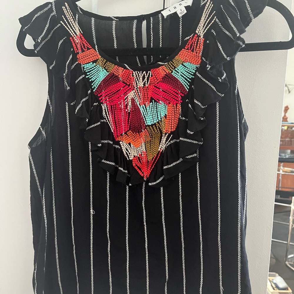 Anthroplogie THML Black and White , embroidered multicolor tank Topwith ruffle S